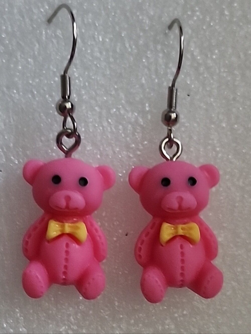 Hand Crafted Pink Teddy Bear Earrings with Yellow Bows